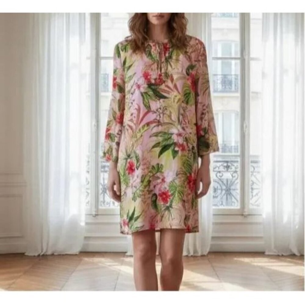 J Jill Dress Womens Medium Tropical Floral Bell Sleeve Tassel Tie Tunic Beachy